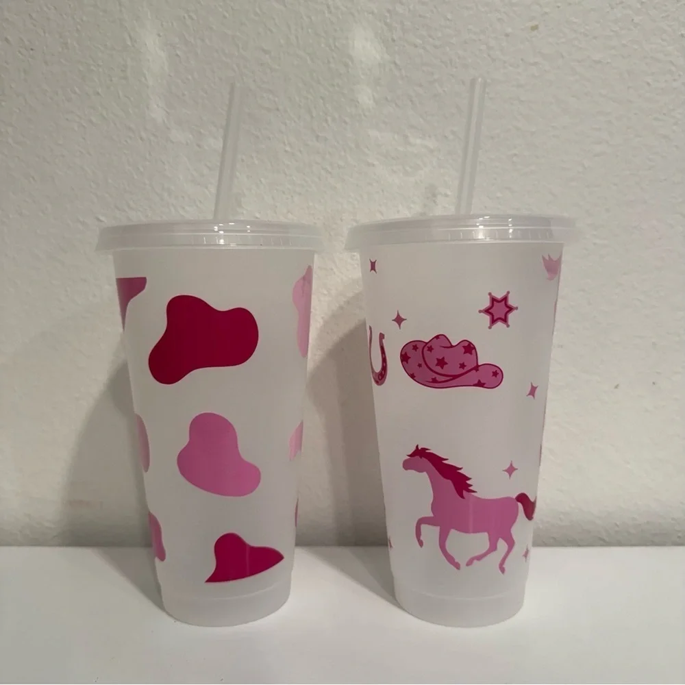 Custom Vinyl Western Cowgirl Cow Print Clear Plastic Tumbler Cups 24 oz